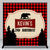 Aperturee - Aperturee Black Red Plaid Bear Custom 2nd Birthday Backdrop